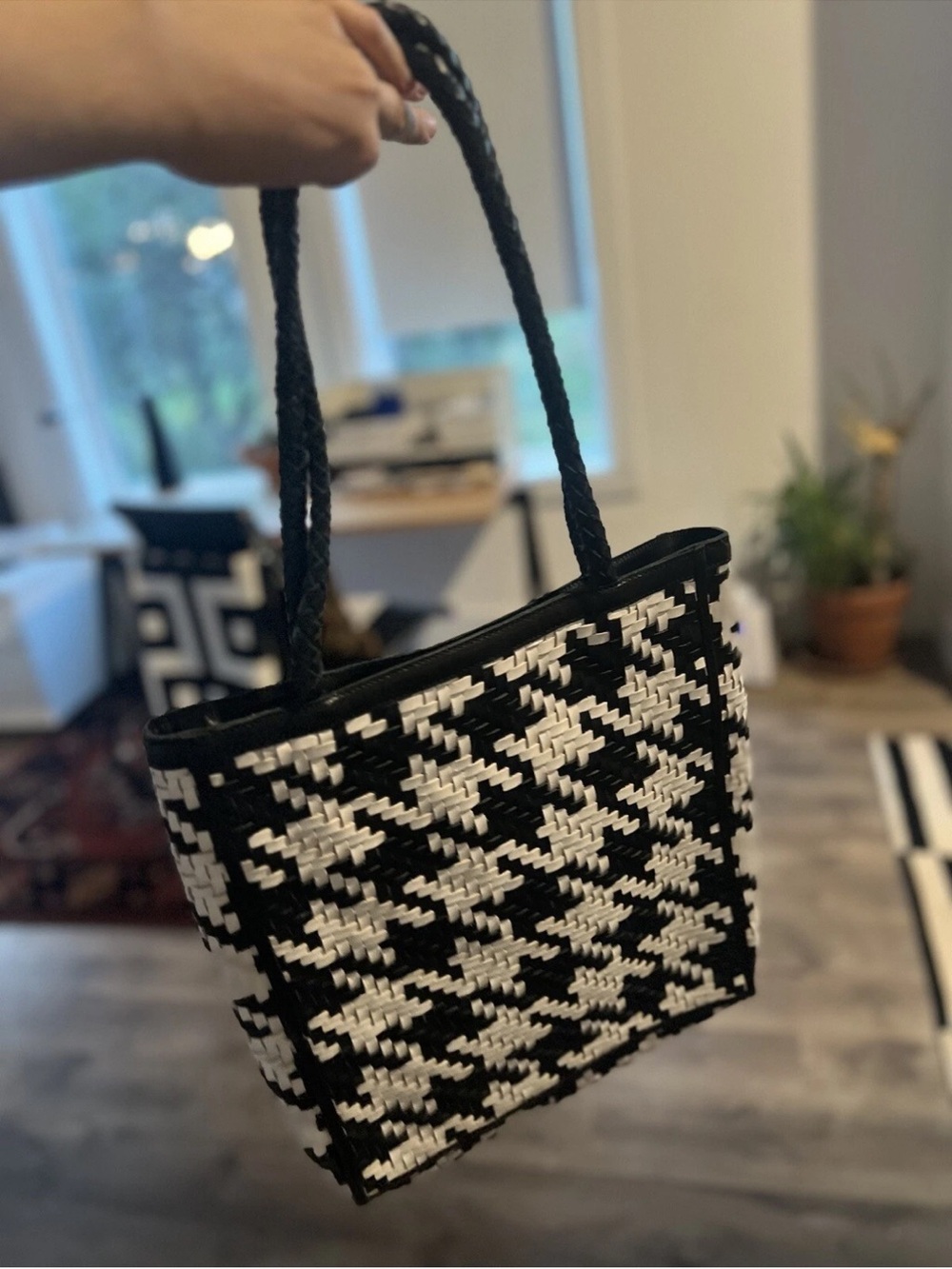 Bembien le tote Black & White Woven Tote Bag with Braided Handles